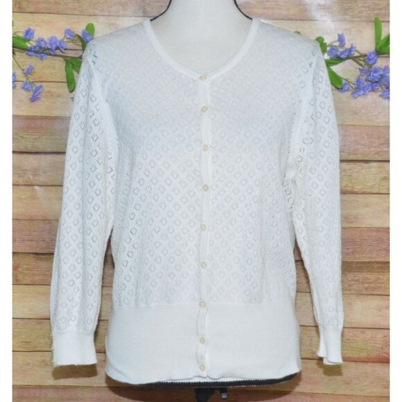 Outlander White Button Up Long Sleeve V-Neck Open Weave Cardigan Sweater Size L - Picture 1 of 10